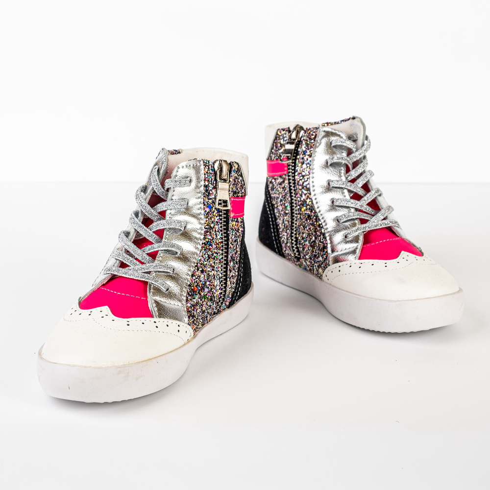 StyleChild Kids High-Top Glitter Sneakers w/ Side Zip – Pink/Silver – EU 32 New
